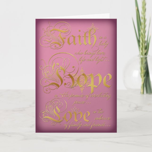 Faith, Hope, Love Pink and Gold Christmas Card (Front)