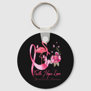 Faith Hope Love Pink Flamingo Ribbon Breast Cancer Key Ring