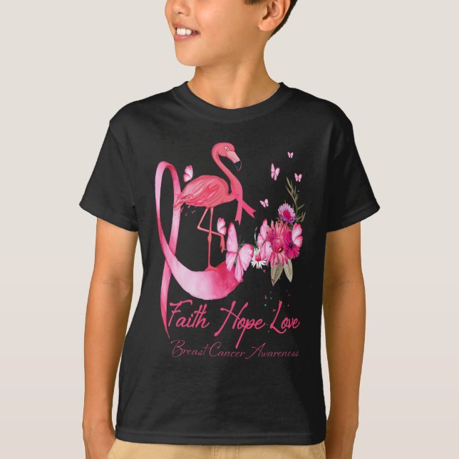 Faith Hope Love Pink Flamingo Ribbon Breast Cancer T-Shirt (Front)