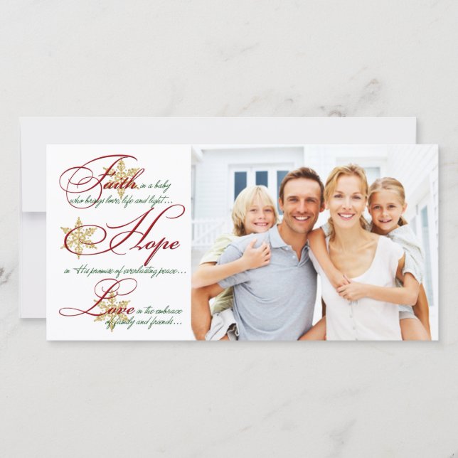 Faith, Hope, Love Red and Gold Christmas Photocard Holiday Card (Front)