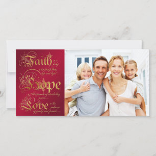 Faith, Hope, Love Red, Gold Christmas Photocard Holiday Card