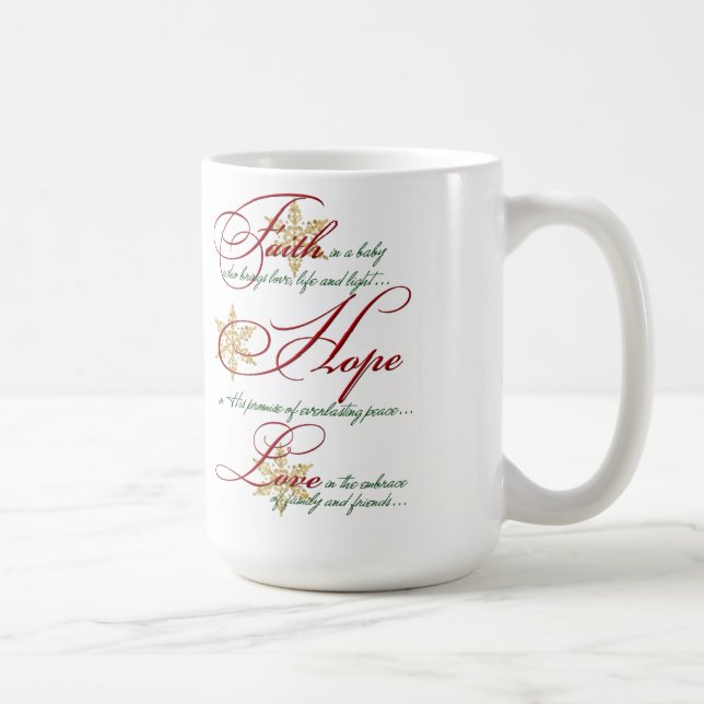Faith, Hope, Love Red Green Gold Christmas Mug (Right)