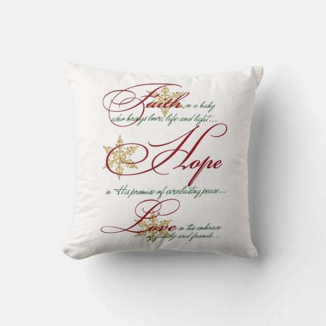 Faith, Hope, Love Red Green Gold Christmas Pillow (Front)
