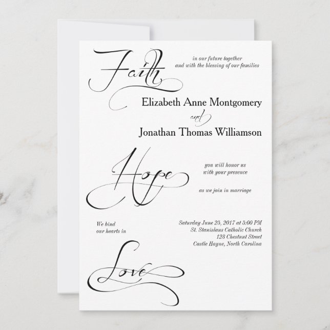 Faith Hope Love Script Wedding Invitation (Front)