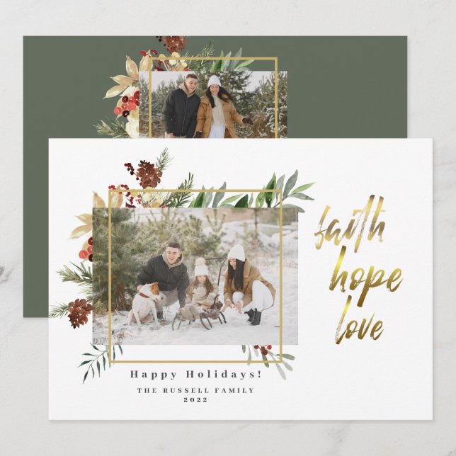 Faith Hope Love Three Photo Floral Christmas Holiday Card (Front/Back)
