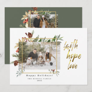 Faith Hope Love Three Photo Floral Christmas Holiday Card