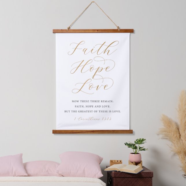 Faith, Hope, Love Wood Topped Wall Tapestry (Bedroom)