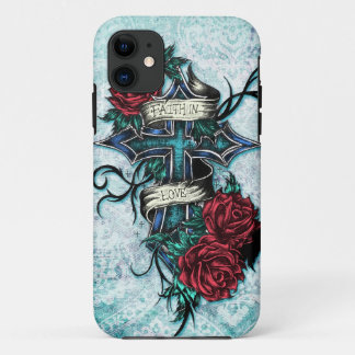 Faith in Love Roses and cross art on blue base iPhone 11 Case