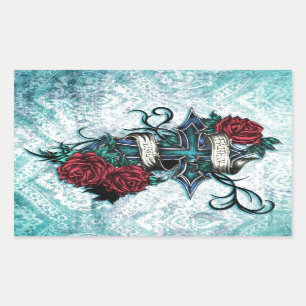 Faith in Love Roses and cross art on blue base Rectangular Sticker