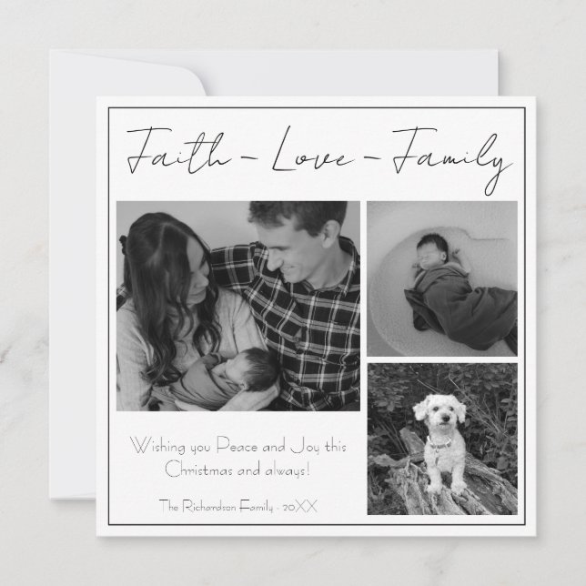 Faith Love Family Modern Minimal Christmas Photo Holiday Card (Front)
