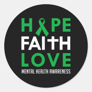 Faith Love Green Ribbon Mental Health Awareness  Classic Round Sticker