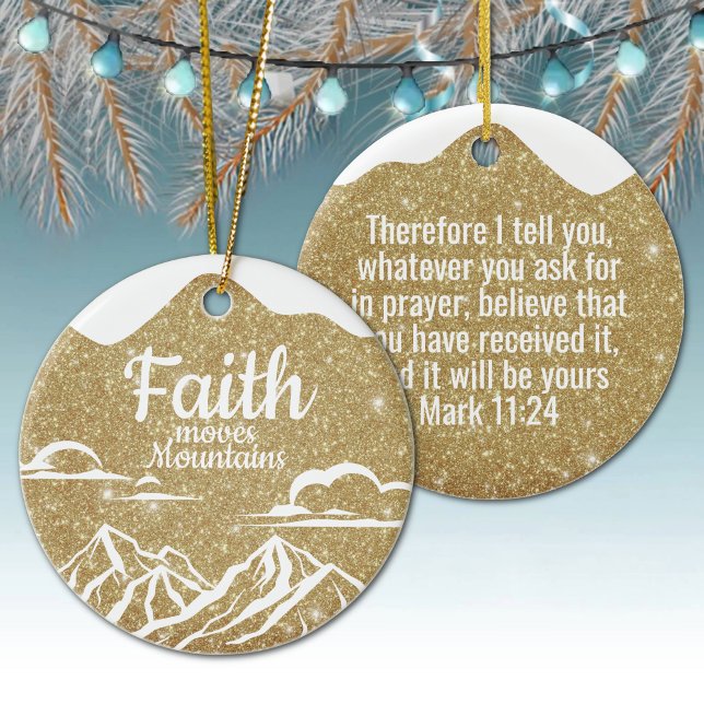 Faith Moves Mountains Gold Sparkle Decor  ⛪️ 🎄 Ceramic Tree Decoration (festive gold sparkle decor
golden glitter design
inspirational christmas
customizable scripture ⛪🎄
)