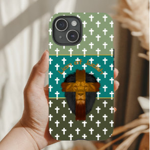 Faith Olive Green Turquoise Cross Lion of Judah iPhone 15 Case