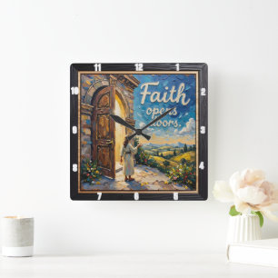 Faith opens doors square wall clock