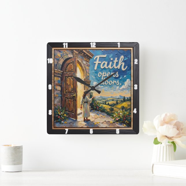 Faith opens doors square wall clock (Home)
