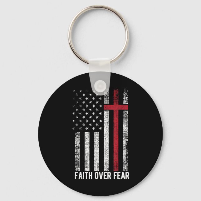 Faith Over Fear American USA Flag Christian Cross  Key Ring (Front)