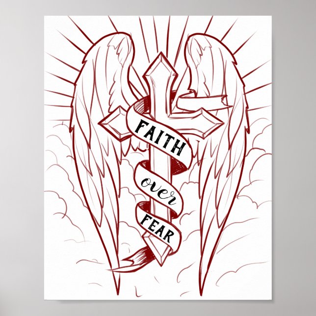 Faith Over Fear Angel Wings & Cross Christian Art Poster (Front)