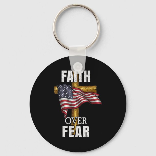 Faith Over Fear Christian Cross American Flag Tee  Key Ring (Front)