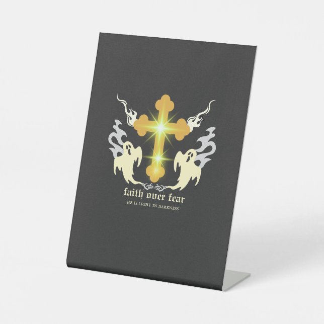 Faith Over Fear Christian Halloween T-Shirt – Spoo Pedestal Sign (Front)