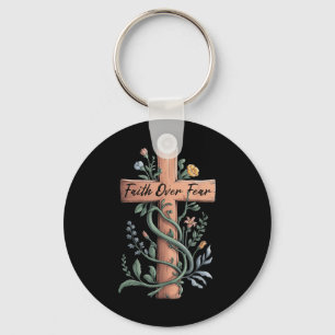 Faith Over Fear Christian Women Girls Jesus Cross Key Ring