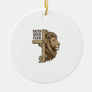 Faith Over Fear Lion Cross Vintage Christian Shirt Ceramic Tree Decoration