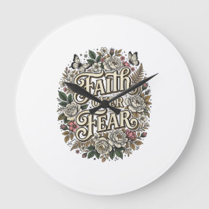 Faith Over Fear Vintage Floral Butterfly Large Clock