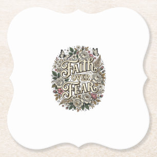 Faith Over Fear Vintage Floral Butterfly Paper Coaster