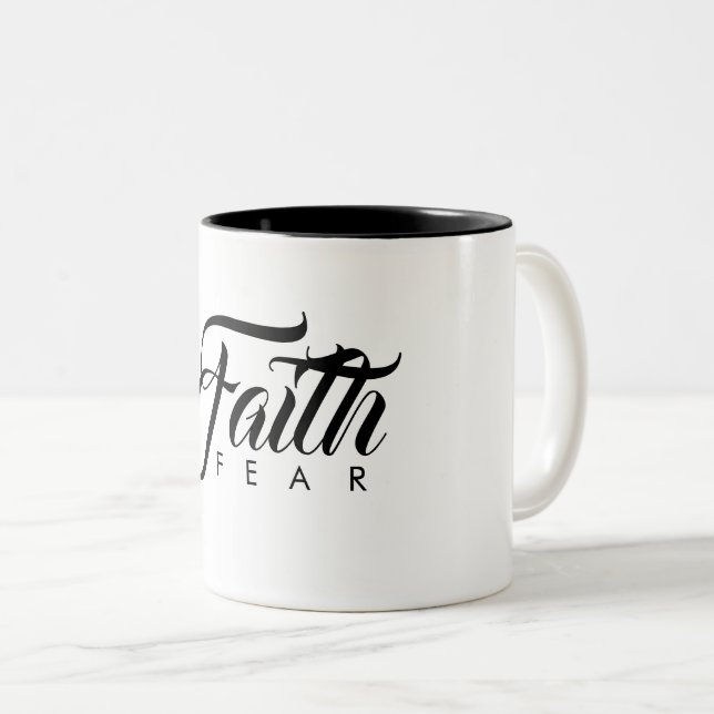 Faith Over Fear White Two-Tone Coffee Mug (Front Right)