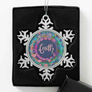 Faith Pink Blue Floral Pretty Inspirivity Snowflake Pewter Christmas Ornament