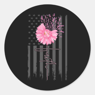 Faith Pink Ribbon Daisy Flower American Flag Breas Classic Round Sticker