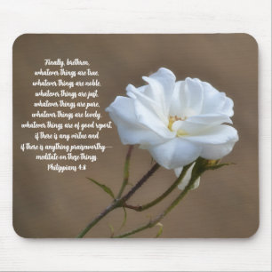 Faith Pure White Rose Philippians 4:8 Bible Verse Mouse Mat