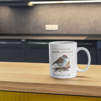 Faith Quote His Eye is On the Sparrow Watercolor Two-Tone Coffee Mug