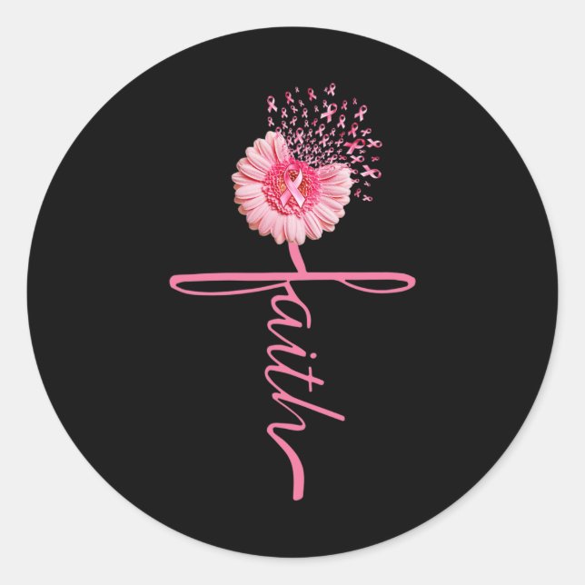 Faith Sunflower Pink Ribbon Breast Cancer Awarenes Classic Round Sticker (Front)