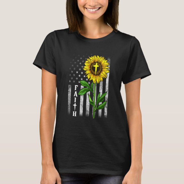 Faith Sunflower Usa American Flag Cross Christian T-Shirt (Front)