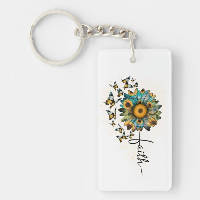 Faith Sunflowers Butterflies Christian Religious Key Ring (Front)