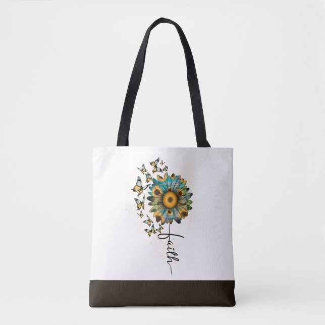 Faith Sunflowers Butterflies Christian Religious Tote Bag (Front)