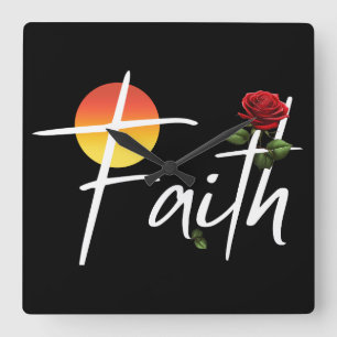Faith Typography With Roses Square Wall Clock