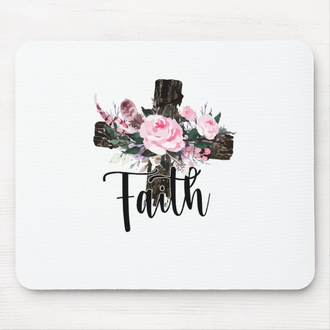 Faith Wood Cross with Flowers, Christian Faith Mouse Mat (Front)