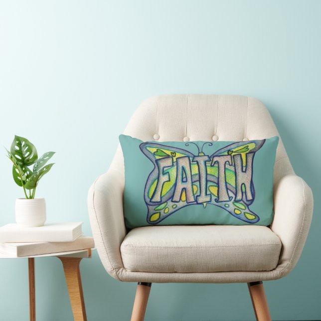 Faith Word Art Blue Butterfly Accent Throw Pillow (Chair)