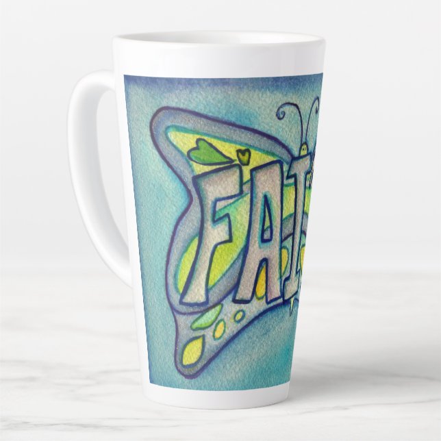 Faith Word Art Blue Butterfly Wing Cup Latte Mug (Left Angle)