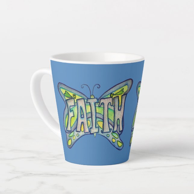 Faith Word Art Blue Butterfly Wings Latte Mug Cup (Left Angle)