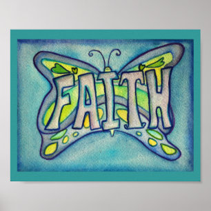 Faith Word Blue Butterfly Art Print Posters
