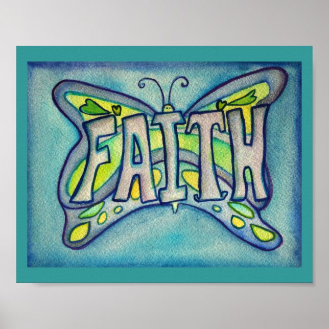 Faith Word Blue Butterfly Art Print Posters (Front)