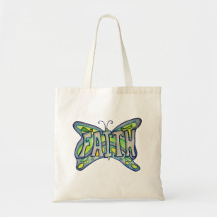 Faith Word Blue Butterfly Art Tote Bag