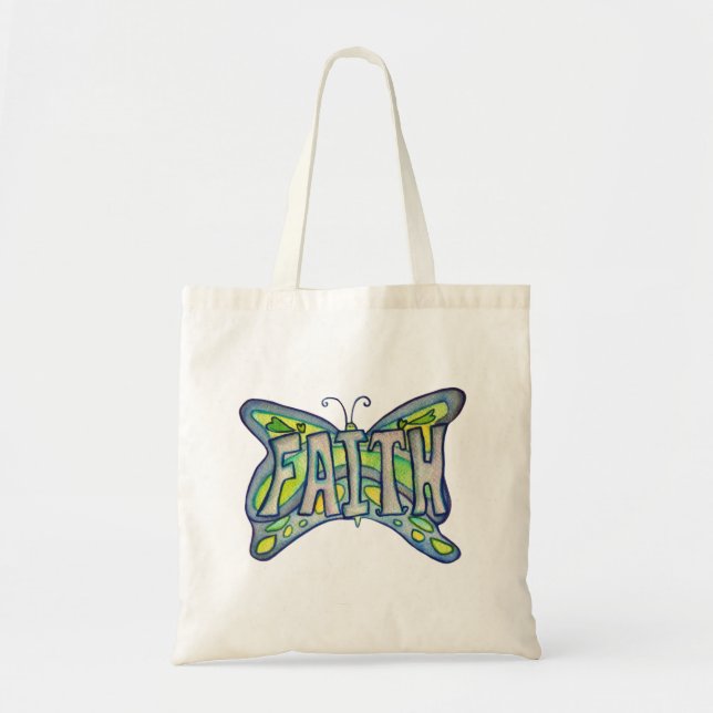 Faith Word Blue Butterfly Art Tote Bag (Front)