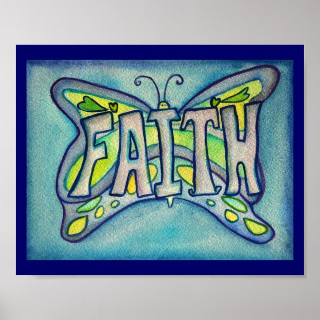 Faith Word Blue Butterfly Poster Art Prints (Front)