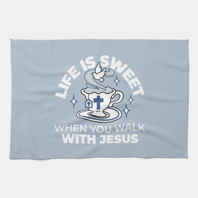 Faithful Living Art – Teacup with Cross and Dove  Tea Towel (Horizontal)