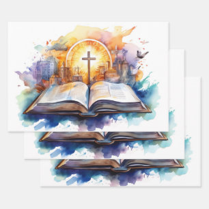 Faithful Watercolor: Cross and Bible Unity Wrapping Paper Sheet