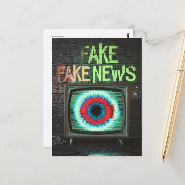 Fake Fake News Retro TV Eyeball Glitch Postcard (Front/Back In Situ)