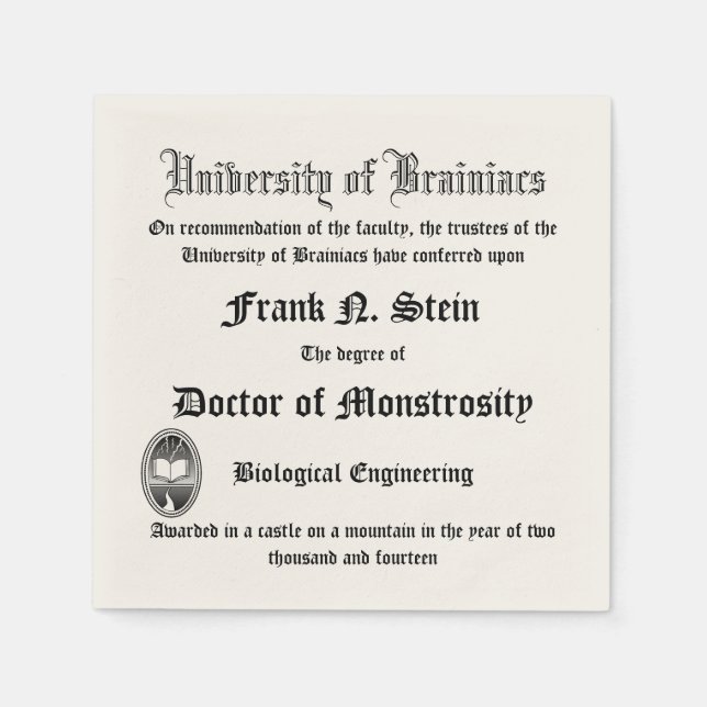 Fake Frankenstein Diploma napkin (Front)